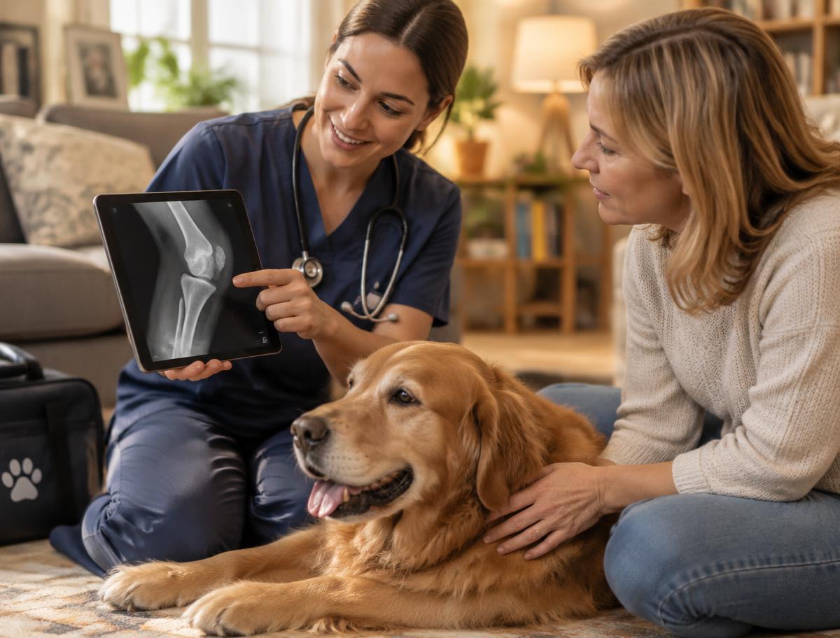 L'operatore mostra le immagini radiografiche digitali al proprietario del cane